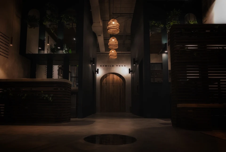 An arched wooden door, hanging lights, plants, and dark millwork reflected in the studio floor.